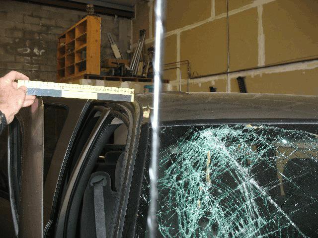 7 in) near the A-pillar. The windshield was cracked due to impact damage. The front right side window was disintegrated.