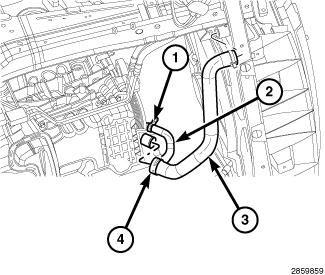 Fig. 76: Lower Heater Hose, Lower Radiator Hose & Tension Clamps CAUTION: A number or letter is stamped into the tongue of constant tension clamps (4).