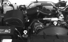 Cooling System (Gasoline Engine) When you decide it s safe to lift the hood, here s what you ll see: CAUTION: If your vehicle has air conditioning, the auxiliary electric engine cooling fan under the
