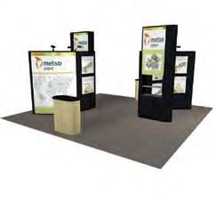 20x20 Kit 1744 features: DesignLine brushed aluminum extrusion round tower with tension fabric panels available in your choice of black, grey, or white Two DesignLine kiosks available