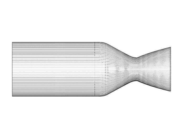 the preliminary design of the combustion chamber and nozzle with cooling channels. Figure 7: Combustion chamber and nozzle preliminary design.