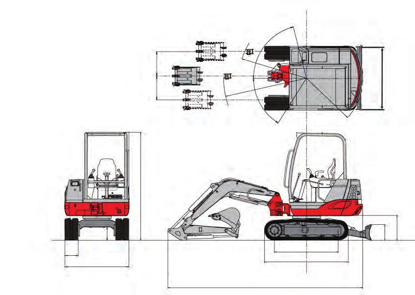 Specifications & features TB228 Hydraulic Excavator MACHINE DIMENSIONS A. Transport Length B. Transport Height C. Tail Swing (Slew) Radius D. Counterweight Ground Clearance E.