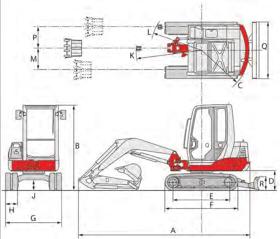 Specifications & features TB235 Hydraulic Excavator MACHINE DIMENSIONS A. Transport Length B. Transport Height C. Tail Swing (Slew) Radius D. Counterweight Ground Clearance E.