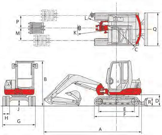 Specifications & features Hydraulic Excavator MACHINE DIMENSIONS A. Transport Length B. Transport Height C. Tail Swing (Slew) Radius D. Counterweight Ground Clearance E. Track Ground Contact Length F.