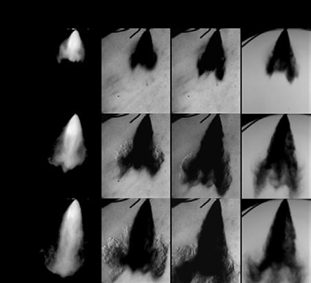 The images of Schlieren were able to capture the vapor cloud around the spray, which could not be detected at all in the Mie scattering images.