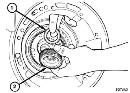 35. Install the #7 needle bearing (1) to the rear sun gear (2). The number 7 needle bearing has three antireversal tabs and is common with the number 5 and number 2 position.