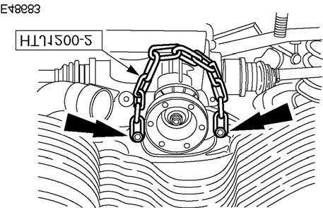 23. Install the chain supplied with the special tool HTJ200-2 to the rear drive axle/differential front support bracket (Illustration 9). 24.