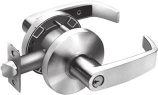 Outside lever rigid at all times. : Latchbolt by either lever unless outside lever is locked by push/turn button in inside lever. Turn button must be released manually.