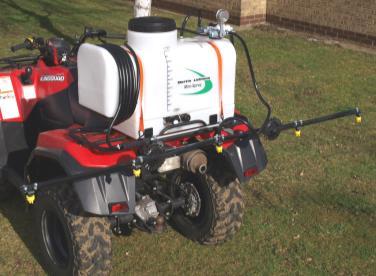 filter, easily mountable on ATV rack with ratchet straps supplied. 6.8 litres per minute 12 volt by-pass pump (7A). 2m cable for wiring to ATV electrics. On/Off switch mounted on sprayer base.