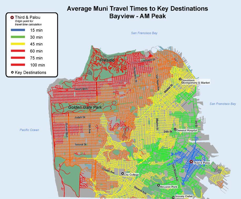 BAYVIEW DRAFT FINDINGS Travel Times to Key Destinations from Bayview Although transit to auto travel time ratios are over 2x for SF General Hospital (SFGH) and City College, the transit