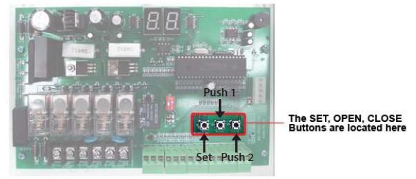 First Run This is our recommended procedure to run the gate for the first time. PUSH 1 or PUSH 2 to increase or decrease the parameter. Then press SET button to move to the next parameter. 1. Press SET button to begin.