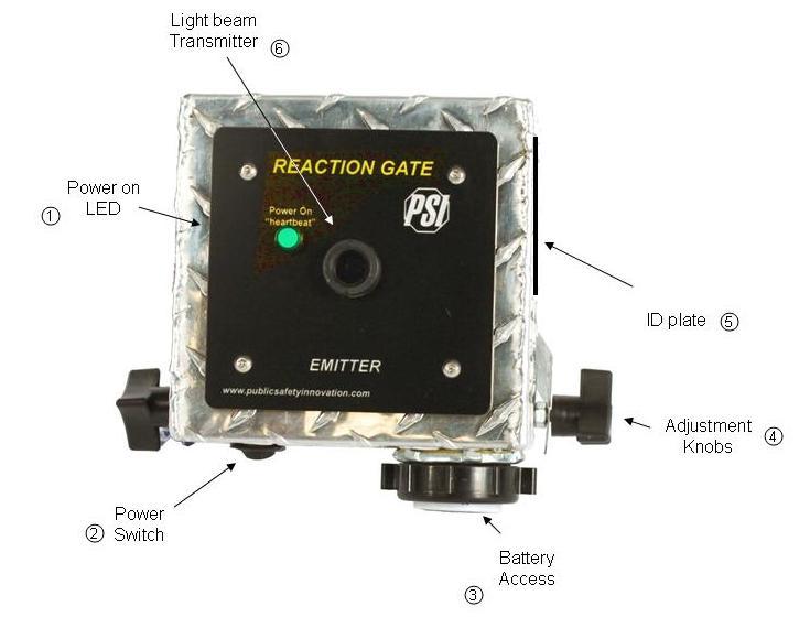 Reaction Gate Section 2 System Operation Section 2 - System Operation Figure 2: Emitter Unit Overview 1 Power on LED Heartbeat flash every two seconds to indicate power is on.