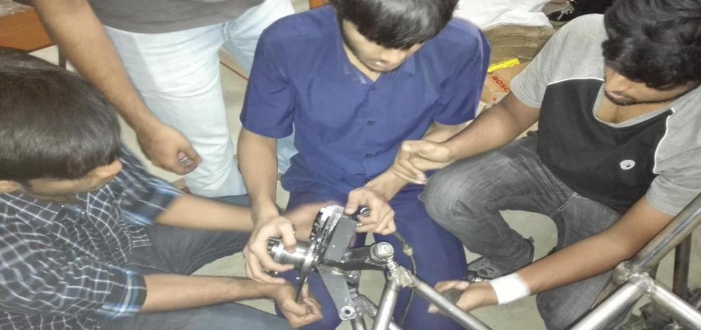 Day : 10 Components fabricated for the Day: Date: 24-04-2015 1. The brakes, suspensions, wheels and the shock absorbers were fitted to the chassis of the vehicle. 2. The driver seat ergonomics were checked.