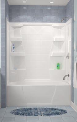 Tubshower Ensembles Product Catalogue Firenze Bathtub Wall Set Direct-to-stud installation 3-piece wall panel system 6 extra large shelves ensure maximum storage Soft curves and appealing tile