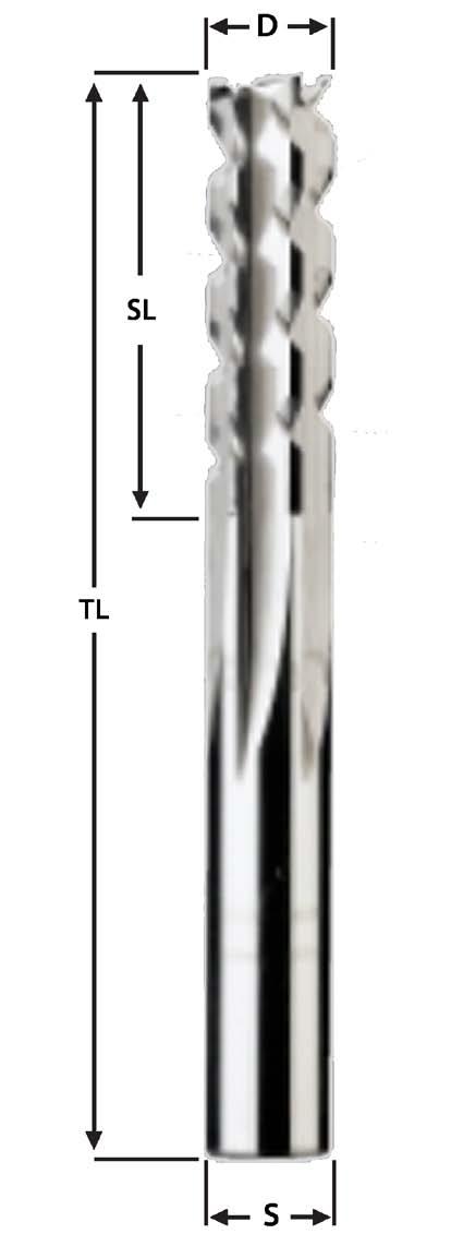 3309 Solide cylindrical shank cutter for SMC (Z=4) GFK AFK Solide CFK 4 Four cutting edges Positive axial angle Upward chip removal Cutting diameter equal to shank diameter Standard with diamond