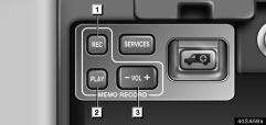 IN CASE OF AN EMERGENCY Memo record 40sa58a 1 REC button 2 PLAY button 3 VOL + button During a service call, you can record a conversation with the Lexus Link Call Center Advisor.
