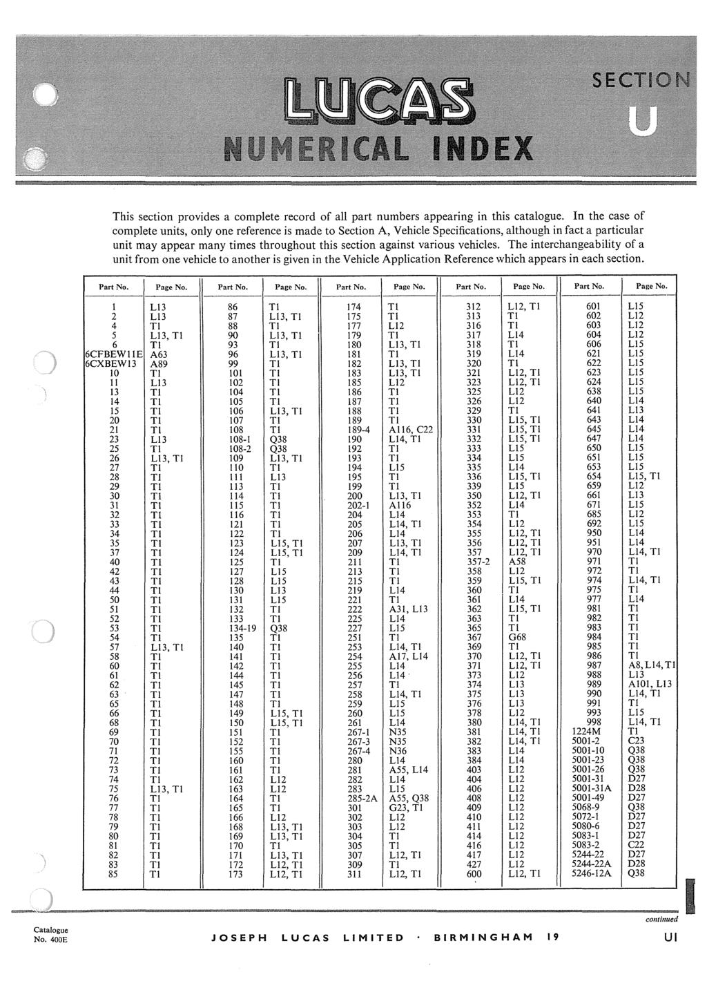 This section provides a complete record of all part numbers appearing in this catalogue.