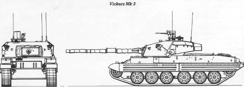Vickers Defence Systems Mk 1/Mk 3 Mk 1 - slightly different in appearance to the Indian Vijayanta, it has one road wheel on either side moved backwards to improve wheel-loading and to slightly reduce