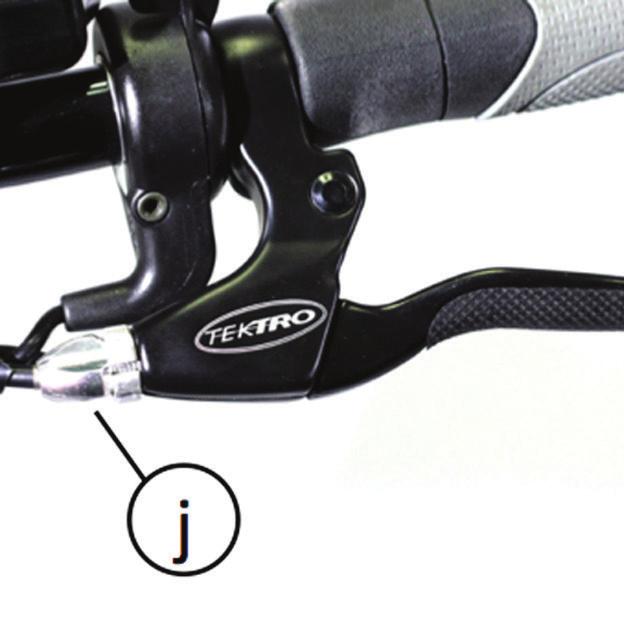 Quick adjustment of V-brake Adjustment screw (j) is located at the brake lever.