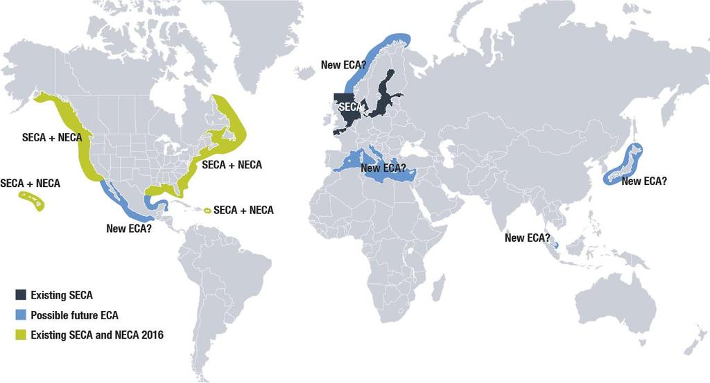 New IMO emission regulation Sulphur SECA and NOx NECA controlled areas. SECA: Max. 0.