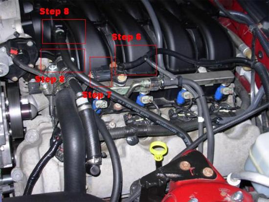6. Remove vacuum line from the driver side Fuel Pressure Sensor. 7. Remove connector on the driver side that plugs into the Fuel Pressure Sensor. 8.