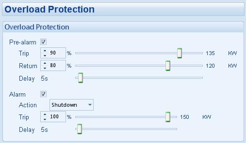 Edit Configuration DC Settings 4.11.2 OVERLOAD PROTECTION Parameter Overload Protection Pre-Alarm Overload Protection Alarm Action Description = Overload Protection warning is disabled.