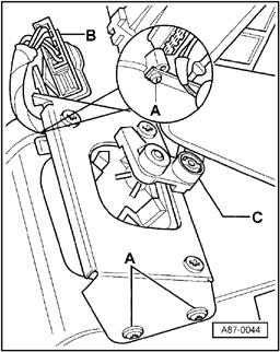 Page 19 of 34 87-135 Footwell/defroster flap motor -V85-, removing and installing (1996) - Remove footwell air outlet page 87-134. - Remove 3 screws -A-.