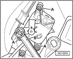 Page 22 of 34 87-138 Temperature regulator flap motor -V68-, removing and installing (1996) - Remove footwell air outlet page 87-134. - Remove 3 screws -A-.