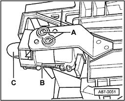 Page 29 of 34 87-145 Interior temperature sensor fan -V42-, removing and installing - Remove lower shelf on passenger side, radio and center section of instrument panel complete (trim and supports)