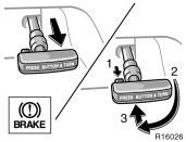 Parking brake Pedal type Lever type When parking, firmly apply the parking brake to avoid inadvertent creeping. Pedal type To set: Fully depress the parking brake pedal.