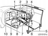 LS13131c The SRS side airbag and curtain shield airbag system consists mainly of the following components, and their locations are shown in the illustration. 1.
