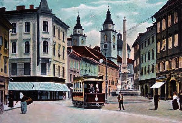 Tramvaj v Ljubljani, 1901, vir: Mestni muzej Ljubljana trarna je delovala na enosmerni tok do leta 1947, kljub dejstvu, da je dvosmerni tok že ob njeni namestitvi začel postopoma izpodrivati