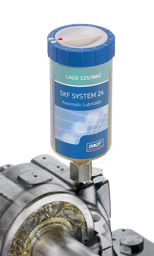 SKF SYSTEM 24 The SKF SYSTEM 24 LAGD consists of a transparent container filled with a specified lubricant and a cartridge containing an electrochemical gas cell.