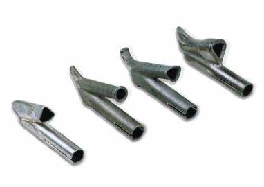 Nozzles can be used to adapt the Triac S to weld V guides and electrodes. Nozzle, 5 mm Round* Cat. No. 8121405 For special fabrications. Nozzle, 7/9 mm Inverted Electrode Cat. No. 8121409 For welding 7 or 9 mm electrodes upside down on flat belts as low profile cleats.