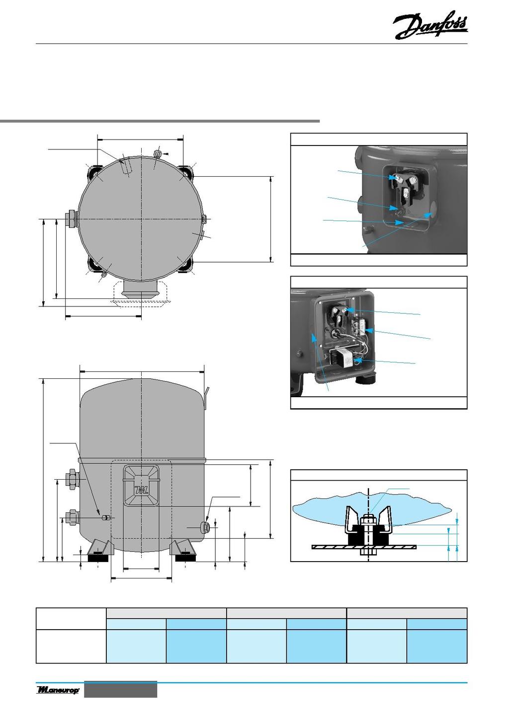 Outline drawings 4 CYLINDERS Mounting hole for PTC crankcase heater 246 Oil equalisation (VE - models only) Terminal box Screw 1-32 UNF x 9, Earth M4-12 Knock-out 29 mm 2 (3) 232 (1)(2) 29 mm IP