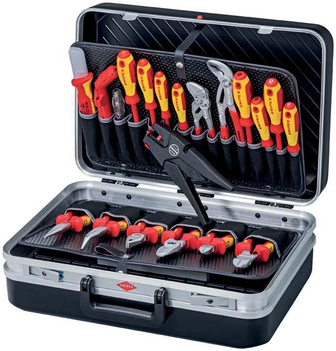 Tool Case Electric 20 parts 2 > Heavy duty ABS material, black > With circumferential double aluminium frame > Reister hines workin as lid holder > Stron, eronomic handle > Two flip-locks, lockable >