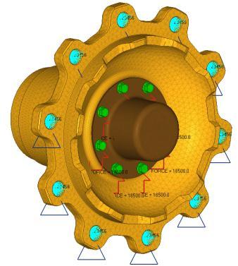The hub assembly considered for FE Analysis consists of the wheel hub, gasket, cap and bolts. All the components are modelled with 3D elements.