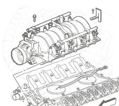 Manifold to Engine Assembly: 1) Place manifold in valley but do not place all the way rearward. Attach brake boost hose, push in MAP sensor and slide in small vacuum nipple.
