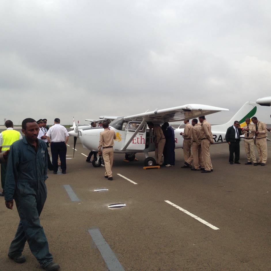 Enthusiastic instructors and students inspect the new aircraft during the arrival ceremony in Addis Ababa, Ethiopia The Africair Group of Companies specializes in customized support for their diesel