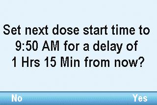 Next Dose Start Time may also be set to delay delivery of the first dose of the infusion. The pump must be running on the selected date and time in order for delivery to begin.