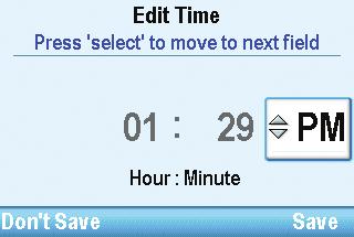 4. Press U or D to scroll to the correct minutes and press S to navigate to the AM or PM field to change it,