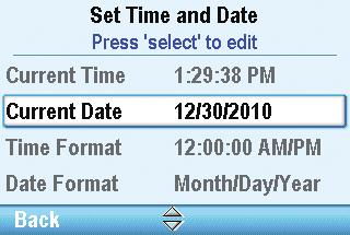 To set the date: 1. In the Change Time and Date menu, press U or D to highlight Current Date, and press S. 2.