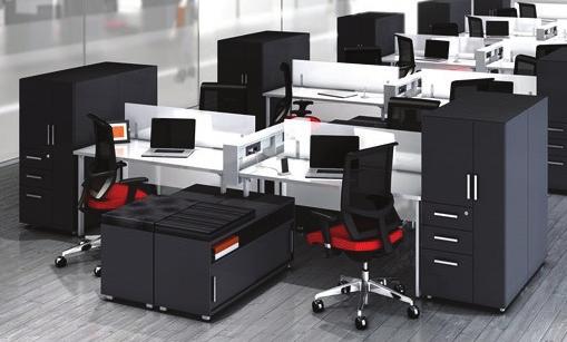 Features modesty panel (full height). Drawers can be configured for front-to-back or side-to-side filing.