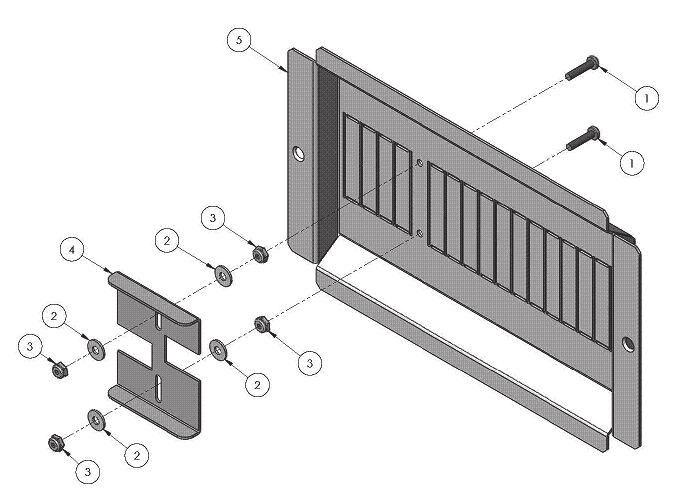Installing the AC Breaker Bypass Slide Plate Figure 5: AC Breaker Bypass Slide Plate Installation Parts: 1. 8-32 X.75 Machine Screw (2) 2. Nylon Washer (4) 3. 8-32 Nylock Nut (4) 4.