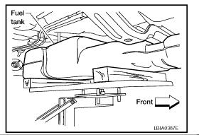 7. Remove the fuel tank strap bolts while supporting the fuel tank with a suitable lift jack. 8.