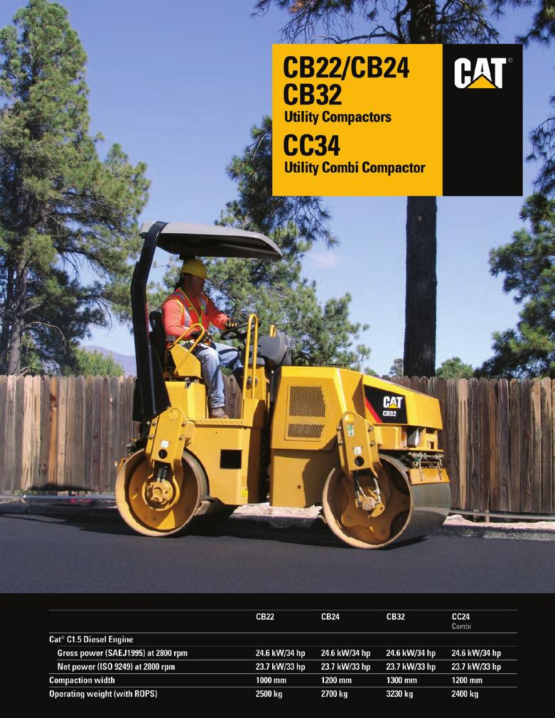 S CB24 - UTILITY COMPACTOR Cat C1.5 Diesel Engine WEIGHT Operating weight (with ROPS): 2700 kg Gross power (SAEJ1995) at 2800 rpm 24.6 kw/34 hp Net power (ISO 9249) at 2800 rpm 23.