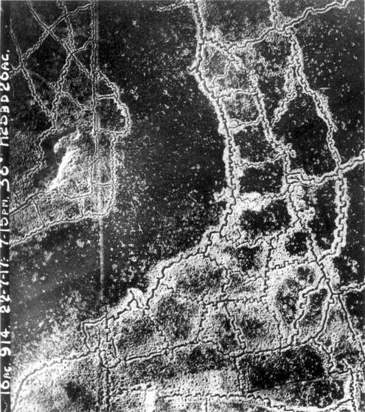 An aerial photograph of the opposing trenches and no-man's land in Artois, France, July 22, 1917.