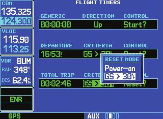 (The reset mode field indicates Pwr-on or GS>30kt.) 3. Turn the small right knob to select the desired reset mode.