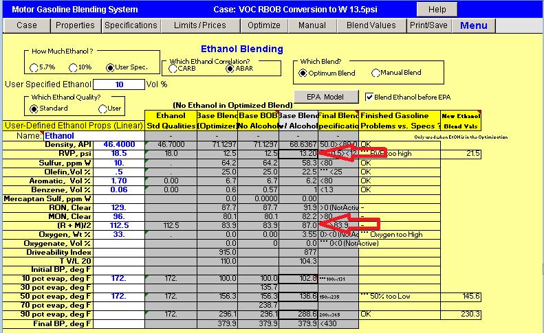 To verify that the RBOB 13.5 meets the specs AFTER the addition of 10% Ethanol, the optimizer built-in Ethanol blend calculator is used to determine the boosted specs for RVP and octanes. The RBOB13.