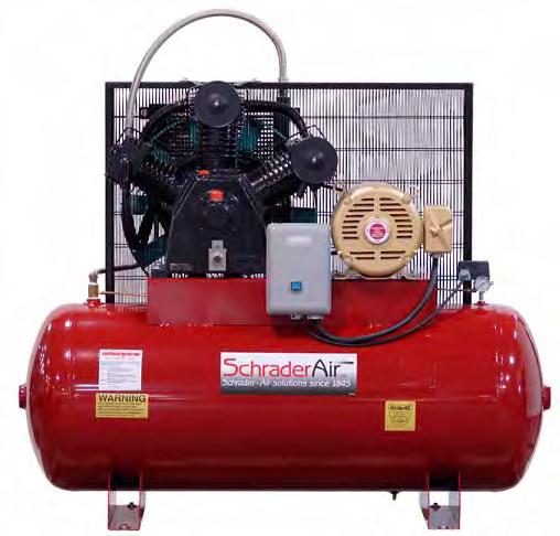 Schrader - Air solutions since 1845 Assembled in USA 15 HP, Two-Stage 175 PSI Professional Series Compressors Cast Iron Pump Hi-flow belt guard Magnetic starter w/thermal overload protection Baldor